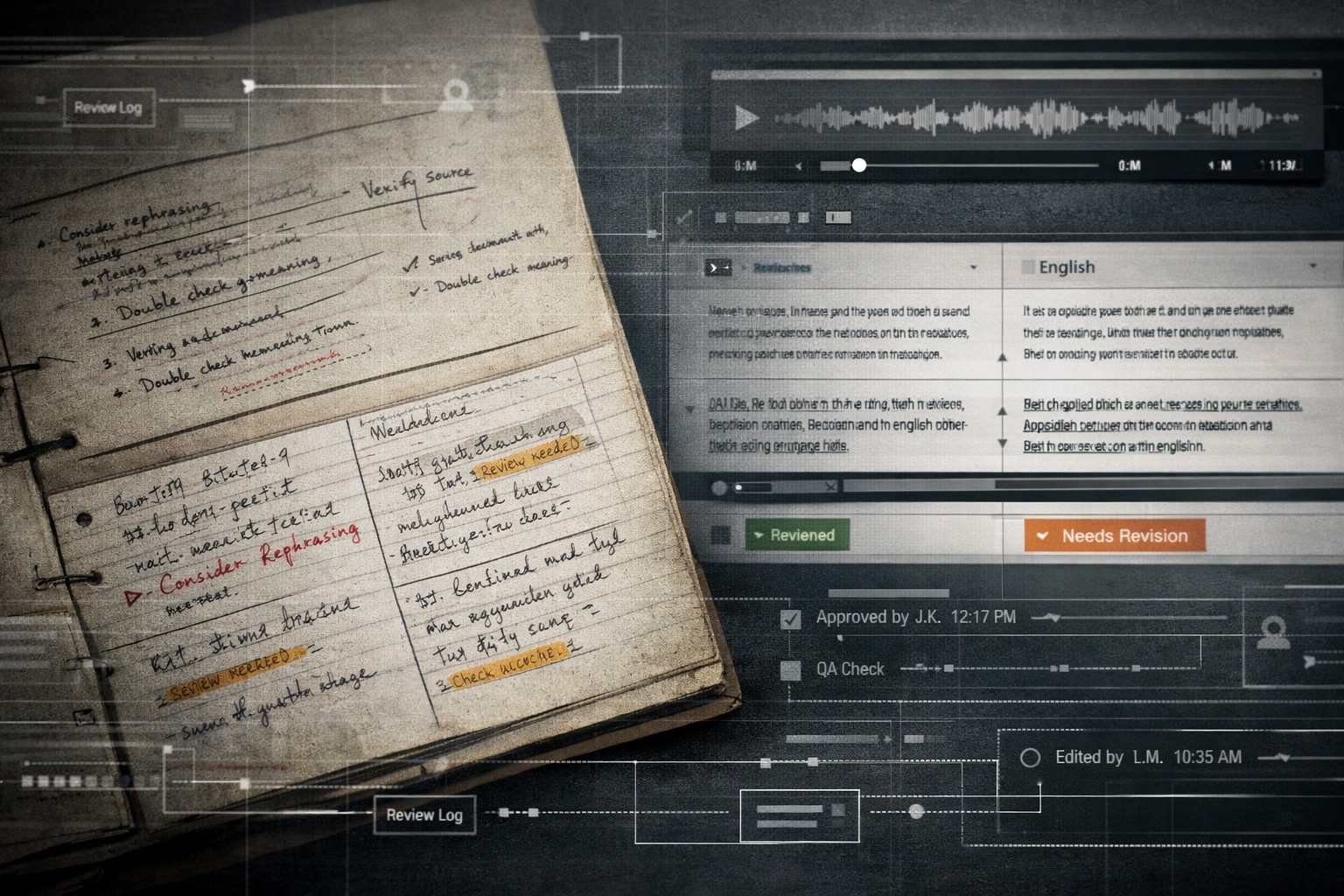 Translation workflow showing review, editing, and quality assurance processes